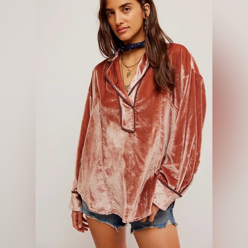 WE THE FREE Free People Size Small Luxy Solid Velvet Shirt‎ Cedar Wood Oversized
